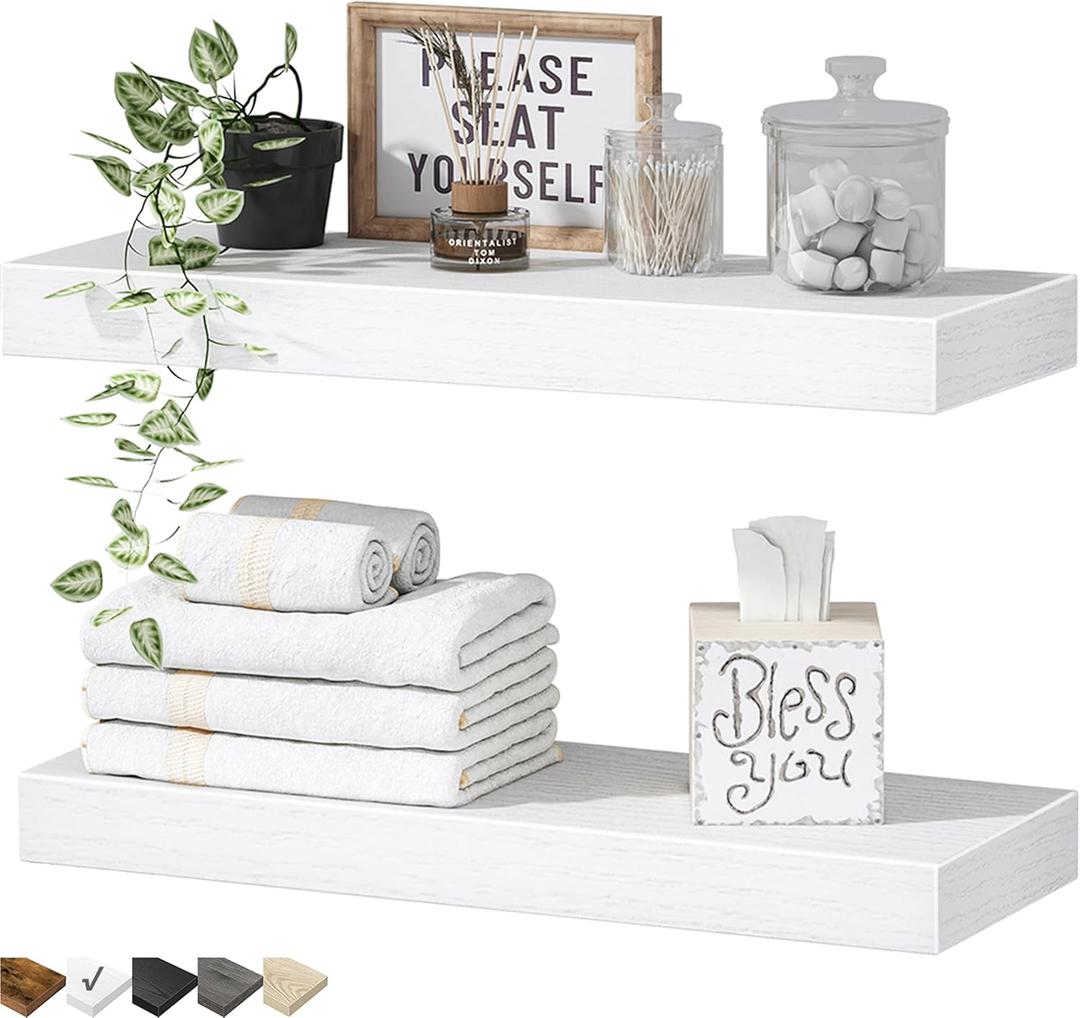 QEEIG Bathroom Floating Shelves for Wall - 15.7" Wall Mounted Shelf Over Toilet Farmhouse Home Decor Display Bookshelf Small 15.7 x 6.7 inch Set of 2, White (008-40W)