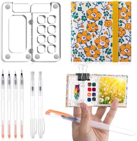 Chiisong 12 Pcs Mini Portable Watercolor Palette Set Including Acrylic 8 Grid Paint Box Watercolor Paper Pad Sketchbook 6 Paint Brushes 4 Binder Clips for Painters Artists Students(Sunflower), Set of 2