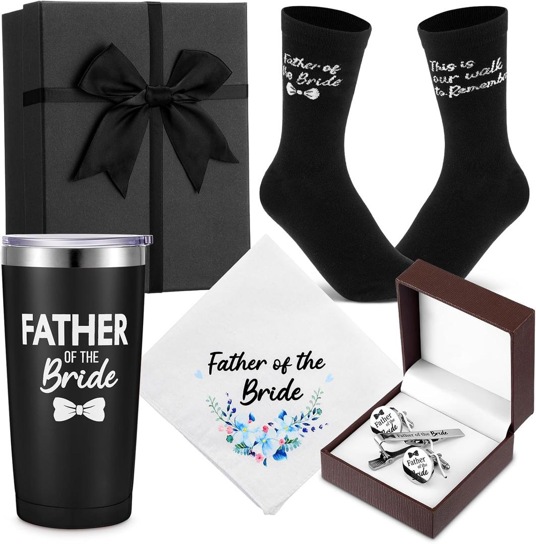Domensi Father of the Bride Gift Set Include Insulated Coffee Tumbler Wedding Handkerchief Bride Socks Cufflinks and Tie Clip Funny Wedding Gifts for Father Men Engagement Announcement Accessory