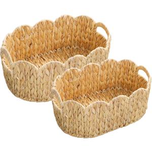 Scalloped Basket, Water Hyacinth Basket for Organizing and Decor, Hand-Woven Rattan Baskets with Built-In Handles for Living Room, Bedroom, Laundry, 2 Pack (Oval)