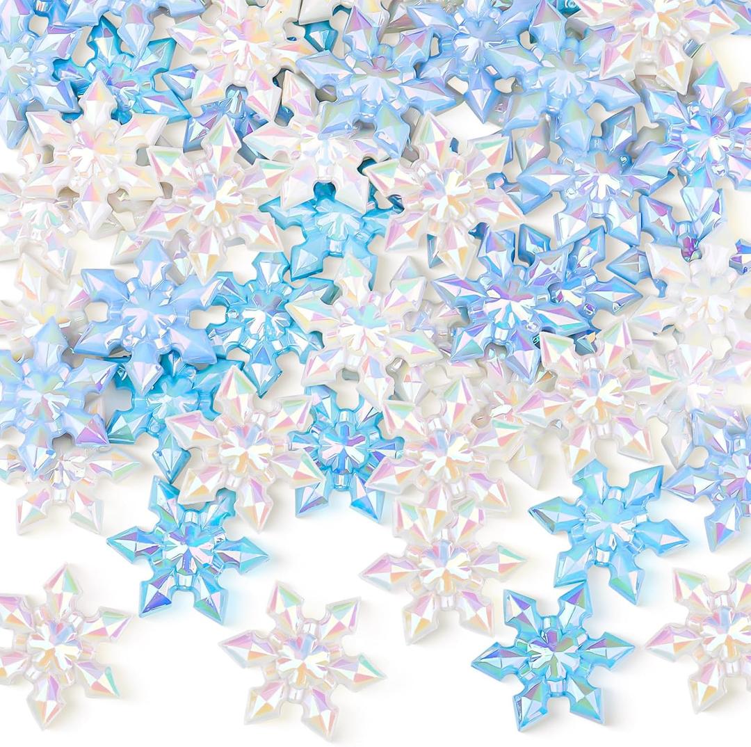 Youyole 50Pcs Winter Snowflake Beads Christmas Acrylic Ornaments 3D Blue Snowflake Crystals 1.4 x 1.2in Xmas Pendant Beads DIY Crafts for Vase Filler,Wedding Crafts Decoration(Opaque)