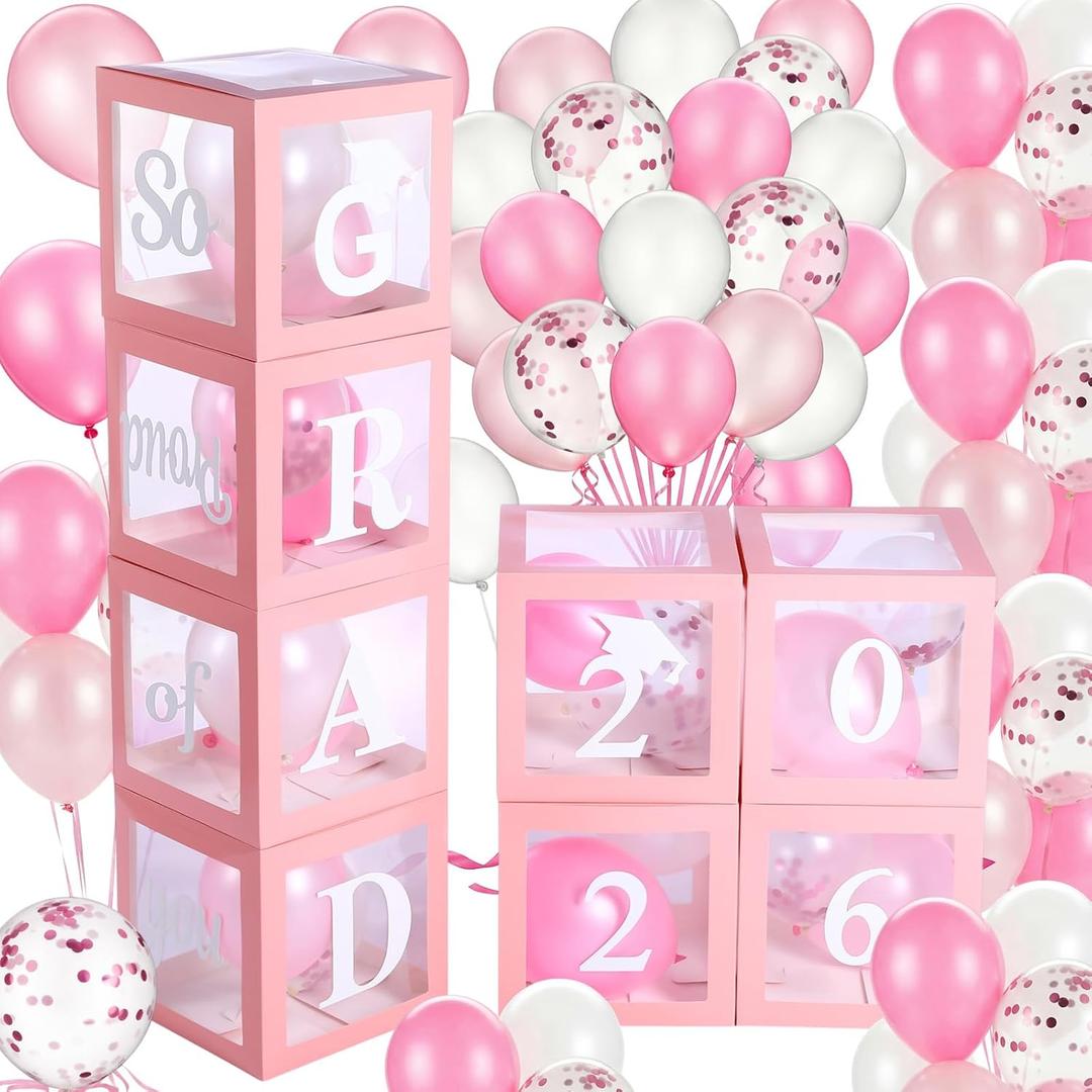 Sanwuta 2026 Graduation Decorations, 8 Pcs Pink Balloon Boxes for Graduation Party with Letter Grad 2026 & So Proud of You and 60 Pcs Ballons, Class of 2026 Grad Congrats Party Supplies for Any Grades