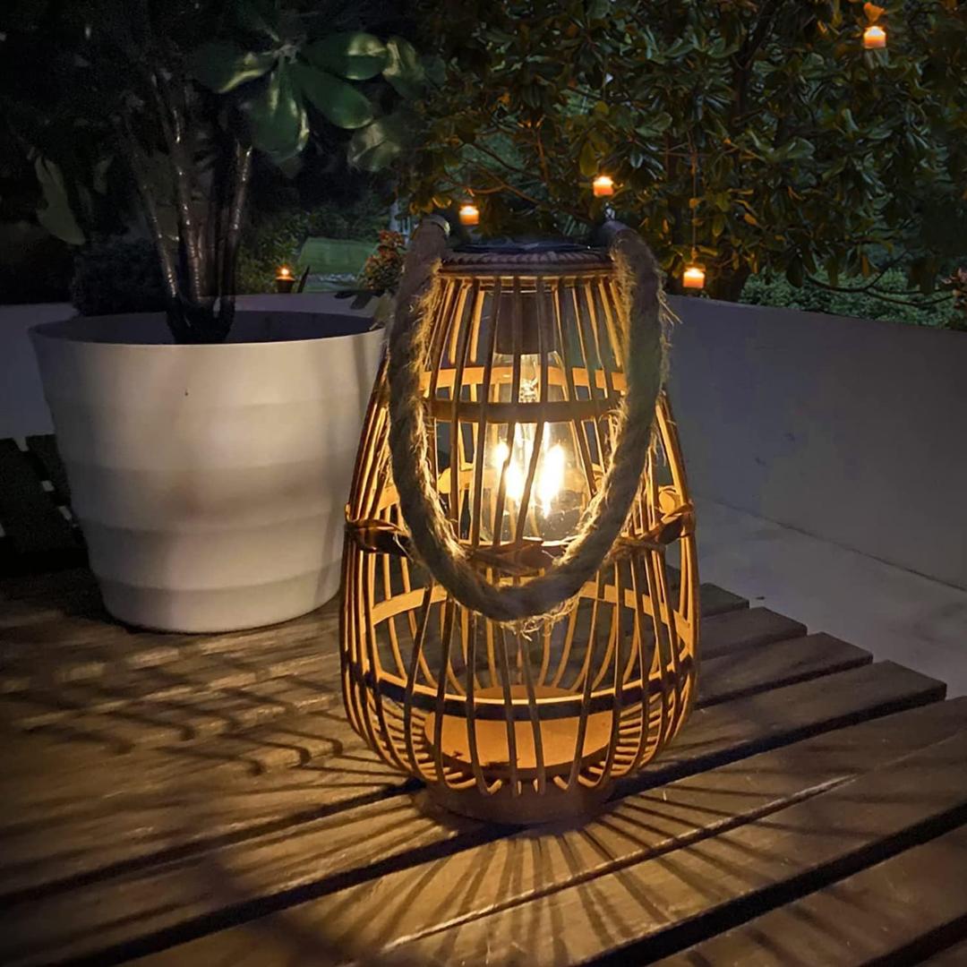 Solar Lantern Outdoor Waterproof Large Rattan Lanterns Decorative Bright Boho Lanterns Lights with Handle Rustic Hanging or Table Lamp for Fence Porch Garden Yard Wedding Decoration