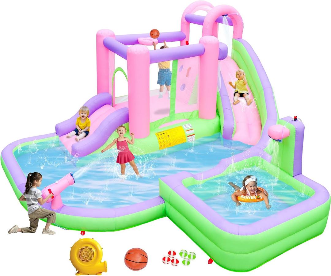 Inflatable Water Slide for Kids Aged 3-10, Water Bounce House with 2 Slides, 2 Splash Pools, 180 x 175 x 80 inches, Blow Up Water Park with 520W Blower, Bouncy Castle for Backyard