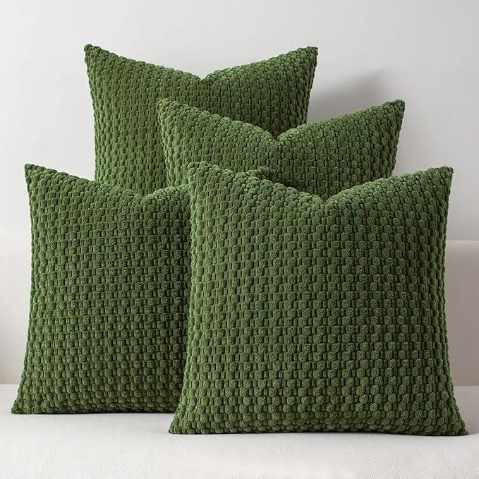 Kevin Textile Spring Throw Pillow Covers Pack of 4 Spring Super Soft Boho Corduroy Decorative Pillow Covers Cases Solid Color Plush Texture Throw Pillows for Sofa Couch Chair 18x18 Inch, Green