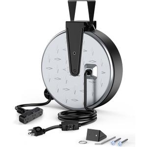 DEWENWILS Metal Extension Cord Reel,30FT Retractable Extension Cord, 16AWG/3C SJTW Power Cord, 3 Electrical Outlets, 10A Circuit Breaker, Wall or Ceiling Mountable for Workshop, Garage, UL Listed (Silver/Black-black Cord)