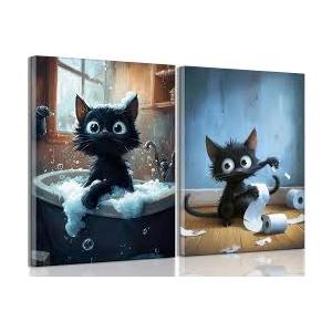 2Pcs Funny Black Cat Bathroom Canvas Wall Art Cute Pets Cat Paintings Pictures Wall Decor Animals Bathroom Poster Printing Artwork for Home Farmhouse Toilet Lavatory Restroom Home Decoration