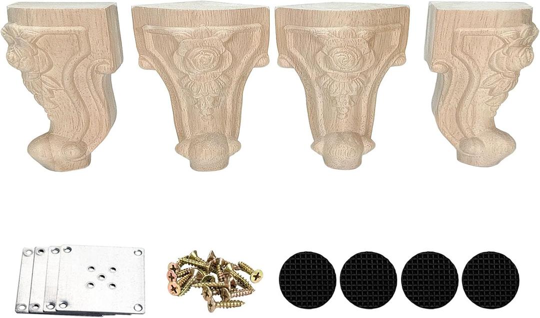 Wooden Furniture Legs with Mounting Plates Screws Set of 4 4 Inch Solid Wood Unfinished Rose European Style Replacement Furniture Feet for Couch Cabinet Sofa Ottoman TV Stand Home DIY Projects (4inch)