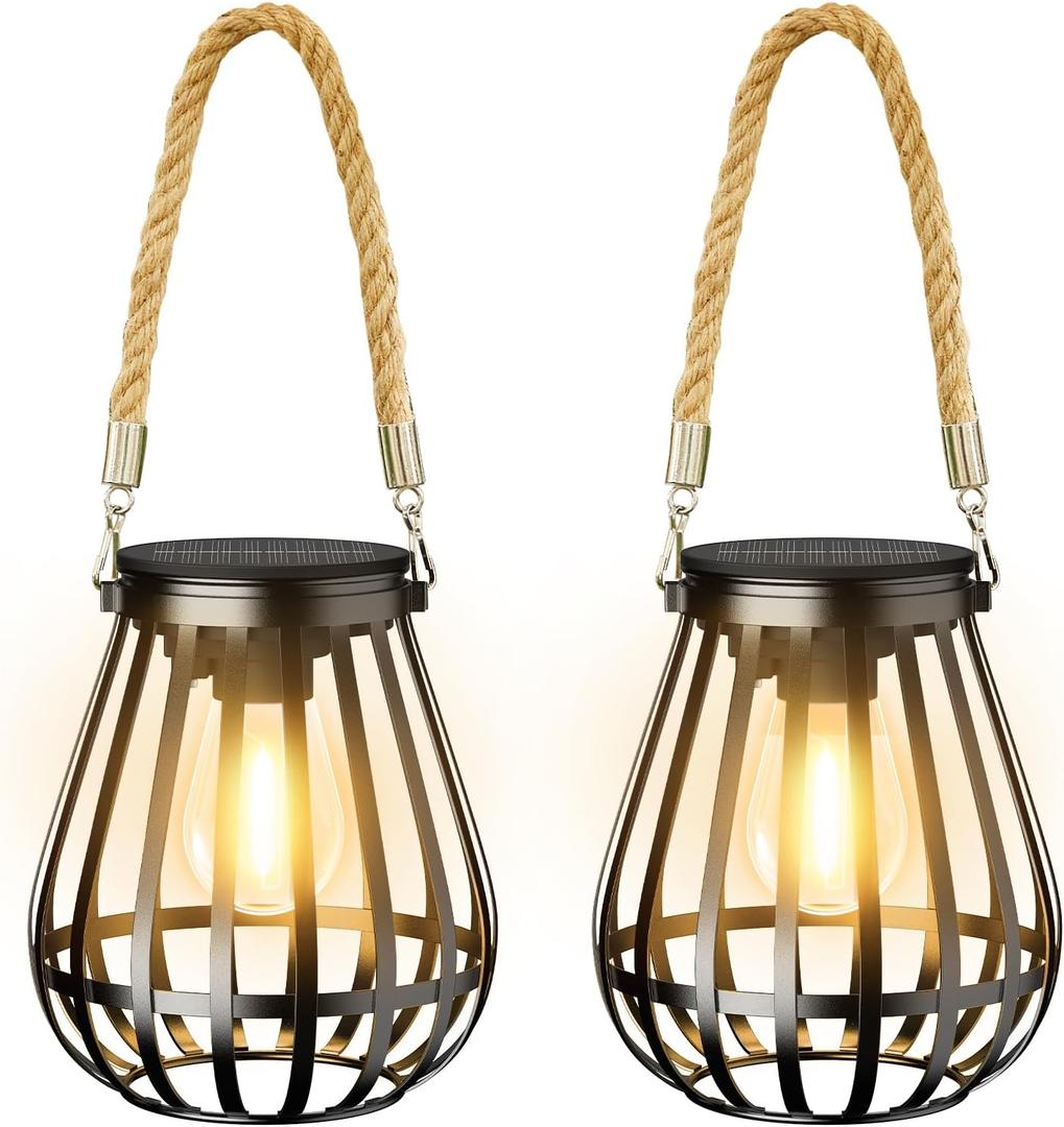Solar Lanterns Outdoor Waterproof: Metal Hanging Lights for Outside with Rope for Garden, Yard, Patio, Porch, Balcony Decorations, Bright Hanging Solar Lantern Outdoor Decor Gifts for Women