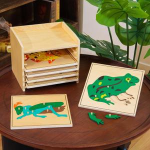 Premium Montessori Animal Puzzle Cabinet with 6 Puzzles 15" Horse Fish Turtle Bird Frog Ant– Wooden Zoology Biology Materials for Kids, Educational Toys for Kids Toddler Classroom Homeschool Learning, 15.4" L x 11" W x 9.8" H