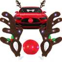 HOMEYA Christmas Reindeer Antlers & Nose for Car with Multicolor Lights, LED Christmas Reindeer Antler Car Kit, Rudolph Outdoor Christmas Decorations Accessories, Decor for Vehicles Truck SUV Van MPV