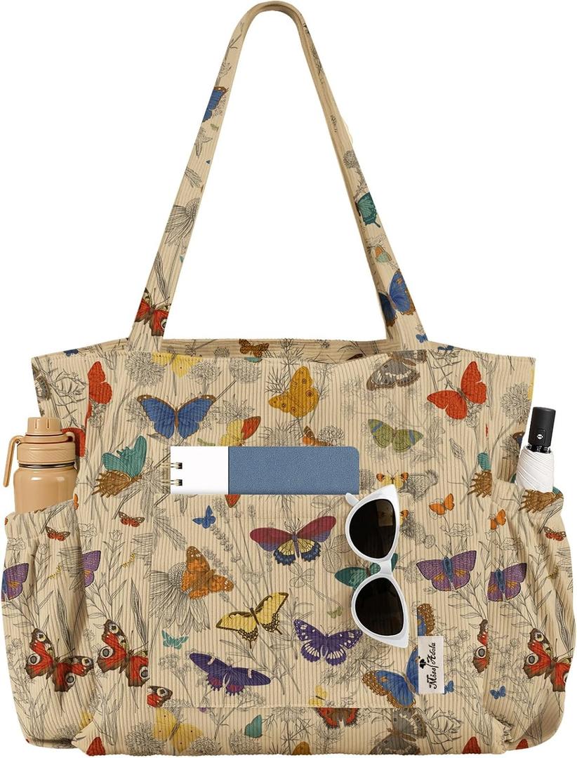 Large Corduroy Tote Bag for Women - Cute Shoulder Reusable Canvas Bags with Zipper Multi-Pocket for School