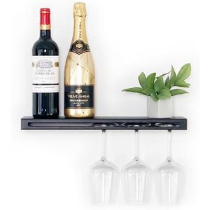 Wall Mounted Wine Rack  Metal Floating Bar Shelf with Bottle and Glass Holder, Holds 5 Bottles and 4-6 Glasses (1 Pack)