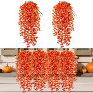 2 PCS Artificial Fake Bougainvillea Bouquet Flowers Fall Decor for Outdoors,49 inches Fall Faux Silk Flowers Vines for Home Centerpieces Outside Garden Wall Yard Indoor Table Autumn Decoration , Orange 