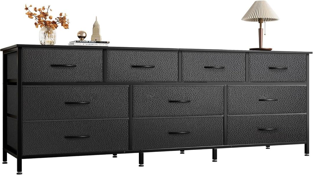 Huuger 63 Inch Dresser for Bedroom, Long Dresser with 10 Fabric Drawers, TV Stand for 55, 65, 70 Inch TV, Toy Storage Organizer for Closet, Black