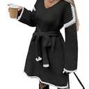 HEBELD Beltd Black Sweater Dress for Women with Long Sleeve, Oversized Color Block Fall Sweater Dresses, A Line V Neck Knee Length Knit Dress, Large