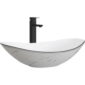 Ceramic Bathroom Sink, White Marble Boat Shape Above Counter Porcelain Vessel Sink with Black Faucet and Pop up drain Set