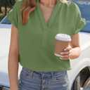 Tankaneo Short Sleeve Shirts V Neck Dressy Casual Top Summer Cotton Blouses (Green, M)