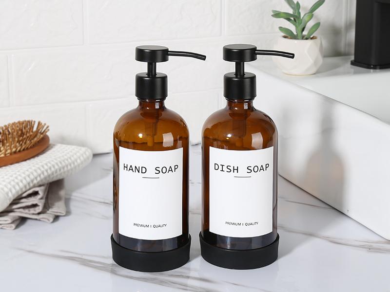 Hand Soap Dispenser, 2 Pcs Amber Glass Soap Dispensers for Bathroom, 12 fl oz Dish Soap