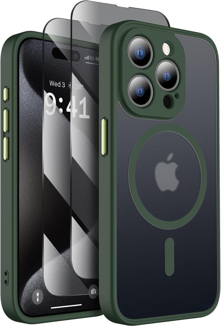 SEXYMOM Magnetic for iPhone 15 Pro Case with Privacy Screen Protectors X2 - Upgraded Camera Protection - Compatible with Magsafe,21ft Drop Tested,Slim Fit Translucent Matte Phone Case - Dark Green