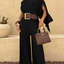 CHICME Women's 3 Piece Pleated Outfits One Shoulder Tops with High Waisted Wide Leg Pants Casual Vacation Outfit (Black, L)