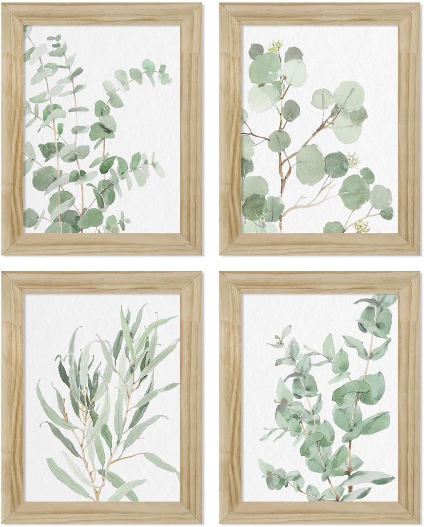 Botanical Plant Wall Art Prints: Sage Green Eucalyptus Picture Decor 4 Piece Framed Boho Leaves Poster for Bathroom Bedroom Living Room Home Decoration 8" x 10"