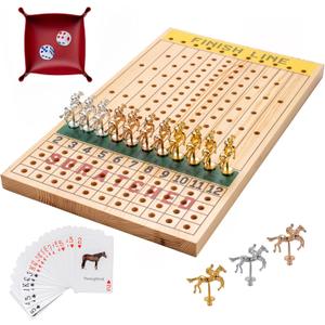 Horse Racing Game with 11 Luxury Metal Horses, Strategy Board Game with Solid Wood Board, Dice, Cards and Gift Box for Adults (Light Brown)