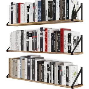 Wallniture Bora 36 Inch Large Floating Shelves for Wall Storage, Floating Bookshelf Set of 3, Burned Wood Wall Shelves for Books
