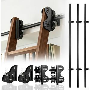 12FT Sliding Library Ladder Hardware Kit, Upgraded Rolling Hardware | Heavy Carbon Steel, 350lb Capacity, Telescopic Roller, PU Floor Roller with Brake, Matte Black (No Ladder)