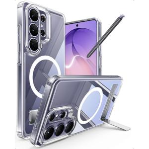 Maledan for Samsung Galaxy S26 Ultra Case with Built-in Phone Stand, Magnetic Shockproof Camera Protection Case for Galaxy S26 Ultra 6.9", Magsafe Compatible Kickstand, Anti-Yellowing Crystal Clear