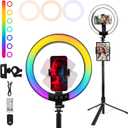 10" Selfie Ring Light with 74" Tripod Stand, RGB Full Color Modes Selfie Light with Extendable Tripod, Phone Holder, iPad Holder, Remote for iPhone & Android, TikTok/Makeup/Photography/Vlog