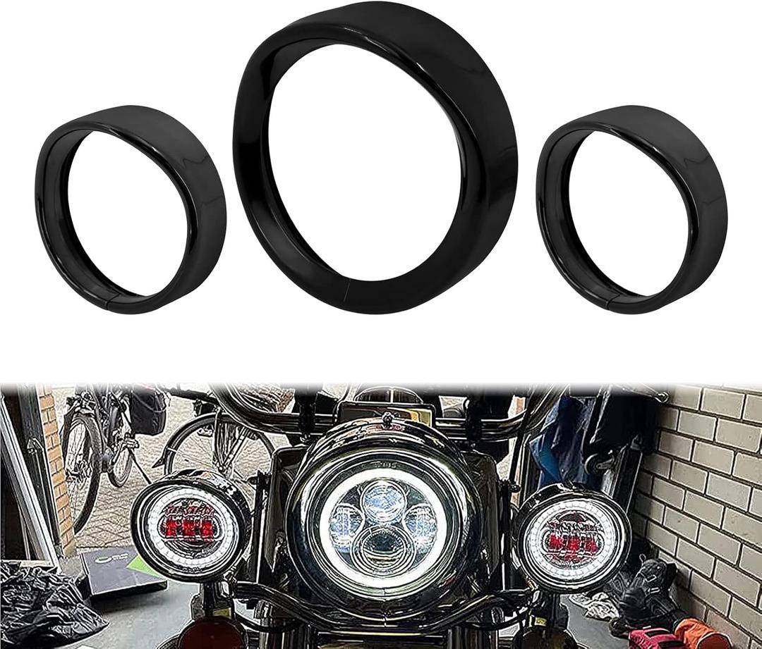 Motorcycle 7" Headlight Trim Ring 4.5" Fog Light Trim Ring Set Visor Style Fit for Harley Touring Road King Street Glide Electra Glide Gloss Black