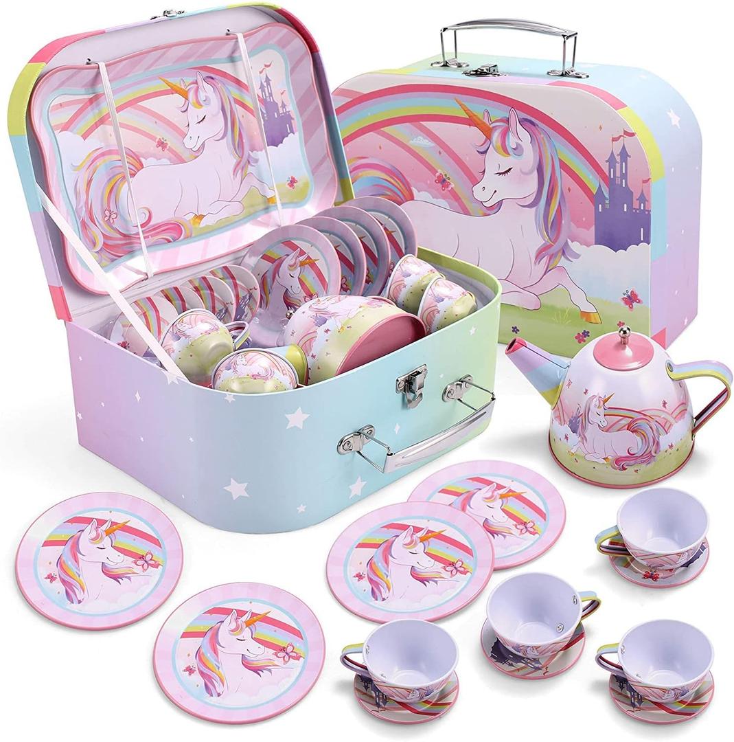 JOYIN Unicorn Tea Party Set for Little Girls, Pretend Pink Tin Teapot Set, Princess Tea Time Play Kitchen Toy with Teapot, Cup, Plate, Carrying Case for Kids Toddlers Age 3 4 5 6