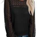 siliteelon Blouses for Women Dressy Casual Lace Long Sleeve Shirts Waffle Knit Tops Spring 2026 Trendy Boho Tops (Black, M)