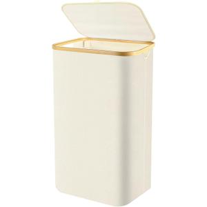 Slim Laundry Hamper with Lid - 60L Narrow Laundry Hamper with Lid, Dirty Clothes Hamper Small Hampers for Small Space, Slim Laundry Basket with Bamboo Handle (Beige)