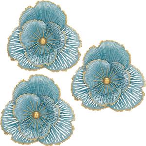 DILATATA 3 Pcs Metal Flower Wall Art Set 10 Inch Rustic Modern Floral Sculpture 3D Metal Flower Wall Hanging Accent for Indoor Living Room Bedroom Kitchen Bathroom Garden Patio Decor - Blue