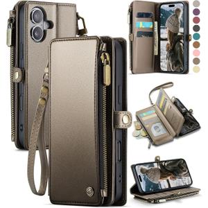 Defencase Compatible with iPhone 16 Plus Case Wallet with RFID Blocking Card Holder for Women Men, PU Leather Magnetic Snap Flip Zipper Strap Wallet Phone Case for iPhone 16 Plus 6.7", Desert Titanium