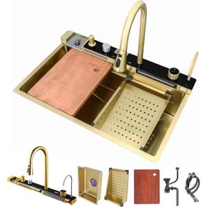 Waterfall Kitchen Sink 30 Inch Countertop Gold Single Sink, SUS304 Stainless Steel Multifunction Digital Display Sinks Workstation Sinks With Faucet, Cup Washer & Accessories (Gold, 29.5x18.1in)