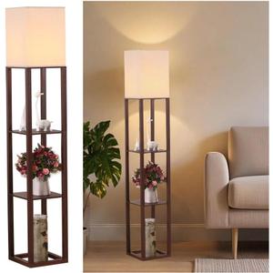 HomeFocus - Floor Lamp with Shelves, Shelf Floor Light with LED Bulb, Modern Wood Shelf Standing Lamp, Corner Display Floor Lamp for Living Room, Bedroom, Office, Linen White Shade, Wood, Brown.