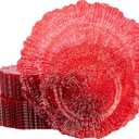 U-QE 60PCS Clear and Red Plastic Plates - Reef Plastic Plates Disposable&Reusable - Clear Red Plate Including 30 Dinner 10" & 30 Dessert Plate 7" Perfect for Party & Wedding