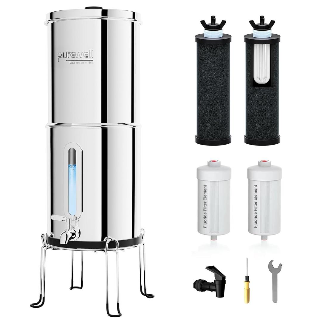 Purewell 2.25G Gravity Water Filter System with Water Level Window, 8-Stage 0.01m Ultra-Filtration Stainless Steel Countertop System with 4 Filters and Stand, Reduce Fluoride and Chlorine, PW-KS-CF (Silver)