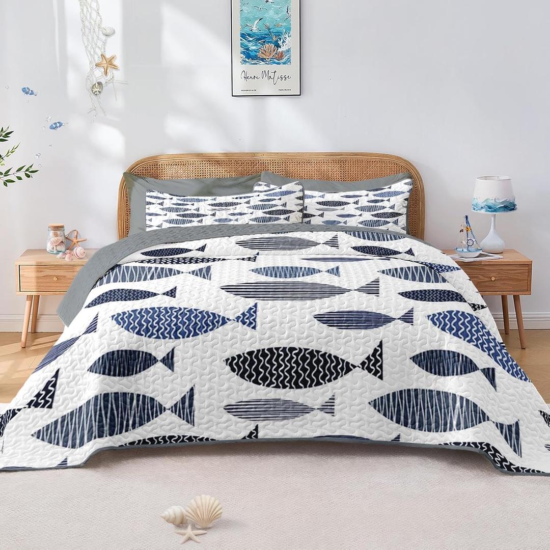 Pamnest Quilt Set Twin Size, Coastal Fish Ocean 2 Pcs Soft Bed Cover Bedding Set, Nautical Lake House Lightweight Bedspread Coverlet with Pillow Sham for All Season