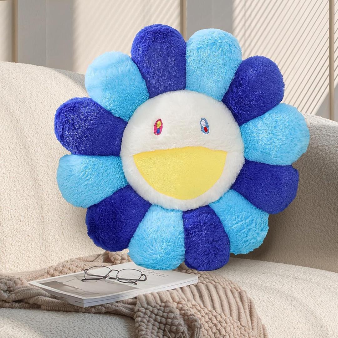 Flower Pillow,Colorful Flower Shaped Throw Pillow,Smiley Face Floor Cushions,Cute Sunflower Plush Pillows,Cute Plushie Room Decor,Mothers Day Decorative Pillows for Bed,Couch,Sofa,Car (Blue,15.7In)