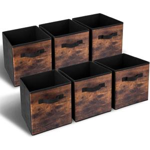 EWES 13 Inch Fabric Storage Cubes, 6 Pack Foldable Storage Bins with Handle, Storage Baskets Box for Shelves, Closet, Organizer, Brown Black