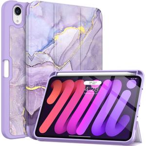 Soke Case for iPad mini 7(A17 Pro) 2024/iPad Mini 6 2021 8.3 inch with Pencil Holder-[Pencil Charging + Auto Wake/Sleep], Soft TPU Back Cover for iPad mini 7th/6th Generation(Lilac Marble)
