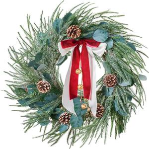 Christmas Wreaths for Front Door Outdoor, 24 Inch Artificial Xmas Winter Wreath, Christmas Wreath for Indoor Window, Wall, Porch, Mantel Decor, Decorated with Pine Cones, Bells & Red Bows Decorations (Red and Beige)
