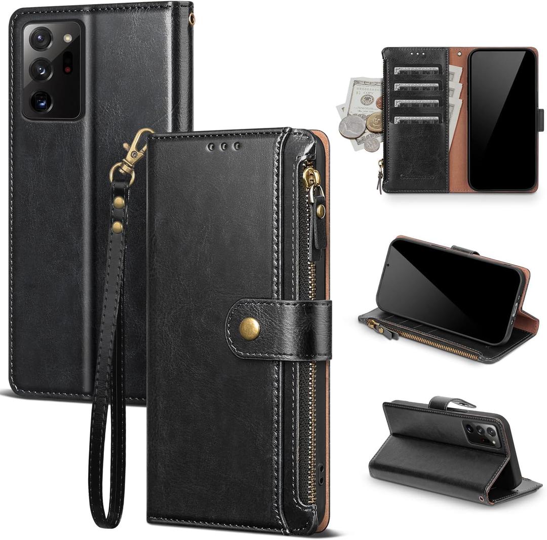 Compatible with Samsung Galaxy Note 20 Ultra 5G Wallet Case with Card Holder RFID Blocking Zipper PU Leather Phone Case Flip Protective Cover Wrist Strap Credit Card Slots Men Women,Black