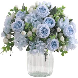 4 Bunches Artificial Flowers for Decoration Blue Peonies Fake Roses Arrangements Table Centerpiece Faux Flores for Wedding Home Vase Decor