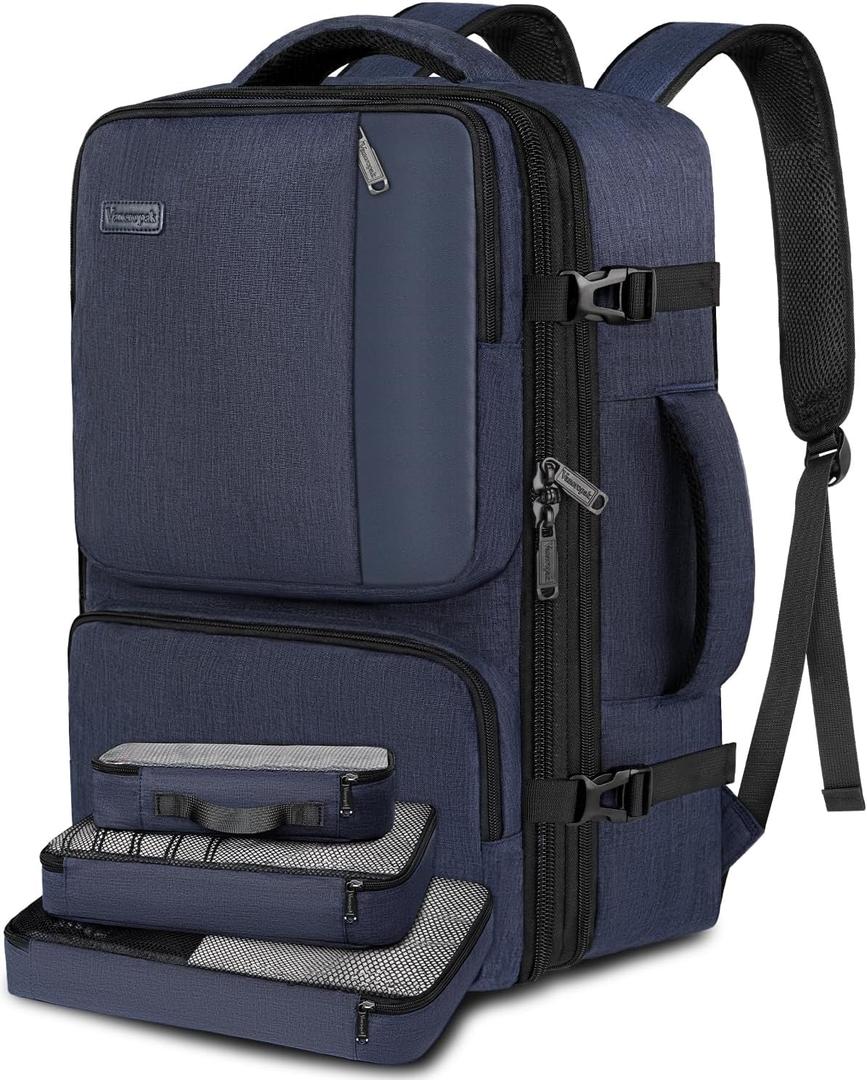 Vancropak Carry on Backpack, 47L Expandable Extra Large Travel Backpack with 3 Packing Cubes, Flight Approved Water Resistant Luggage Suitcase Weekend Duffle Bag Overnight Daypack for Men Women, Blue