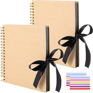 2 PCS 10 x 10 Inch 100 Pages DIY Scrapbook Album, Brown Hardcover Black Paper Spiral Scrapbook Journal with Ribbon and Corner Stickers, Blank Photo Album Bulk for Anniversary Birthday Wedding